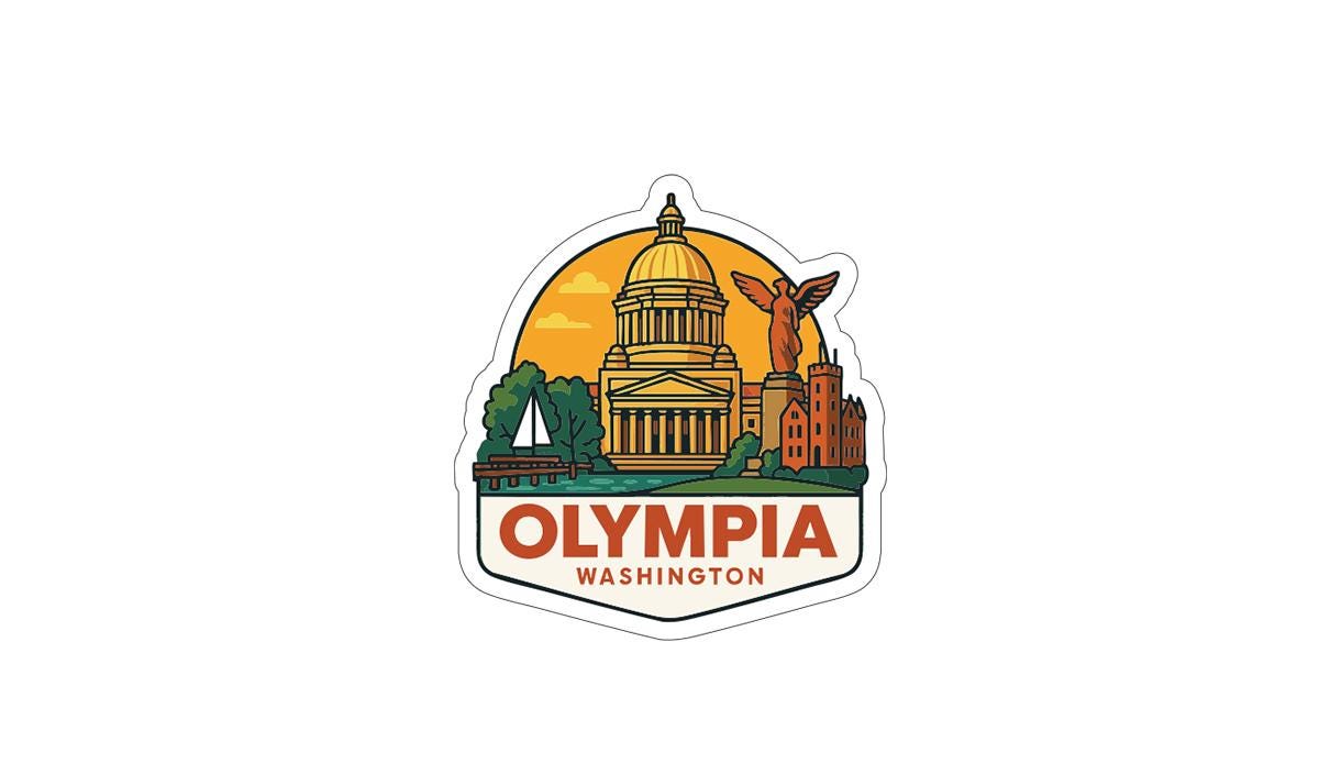 a sticker or emblem with the text "OLYMPIA WASHINGTON" and various cityscape elements such as a dome, a statue, and a sailboat.