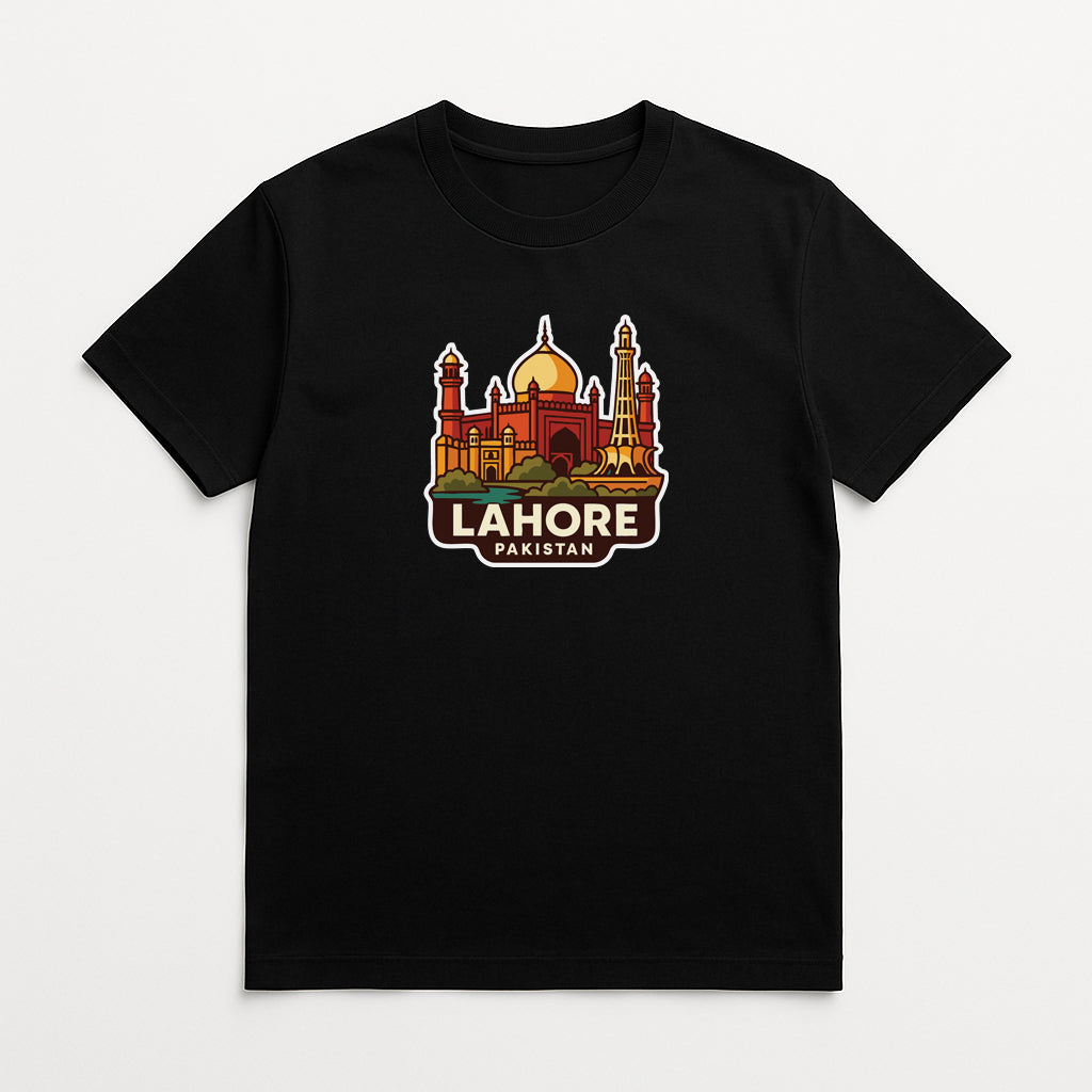 A black t-shirt with a graphic design depicting the skyline of Lahore, Pakistan.