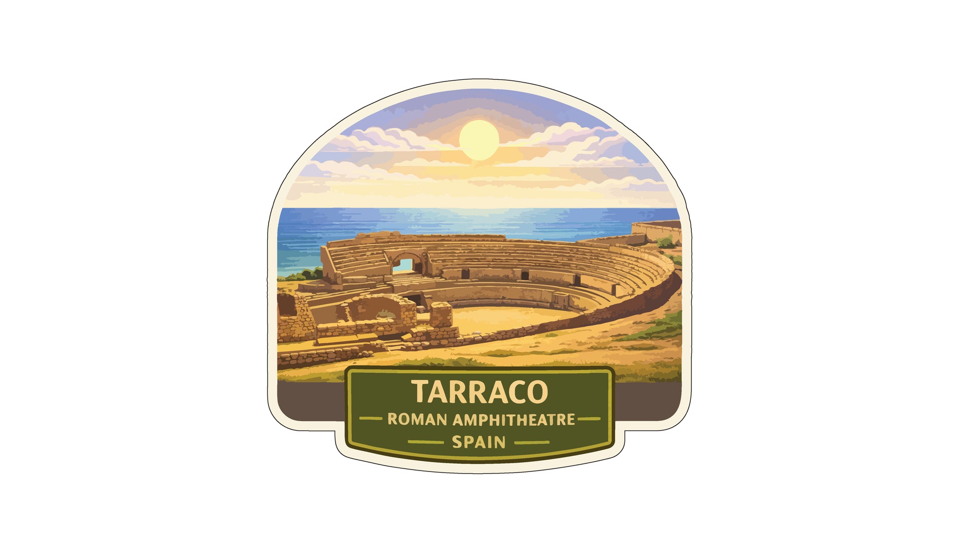 a label or sticker with an illustration of the Roman amphitheater in Tarraco, Spain, set against a scenic backdrop of the Mediterranean Sea and a bright, colorful sky.