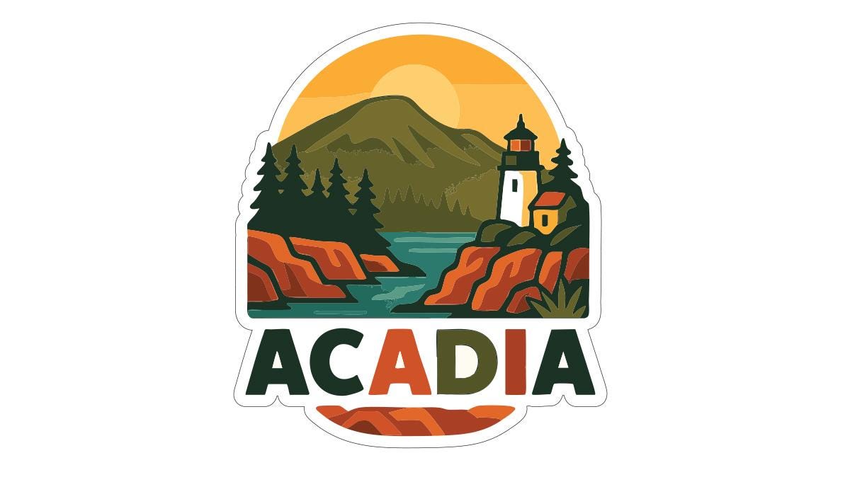 A sticker or emblem featuring a lighthouse, mountains, trees, and a river, with the word "ACADIA" prominently displayed.