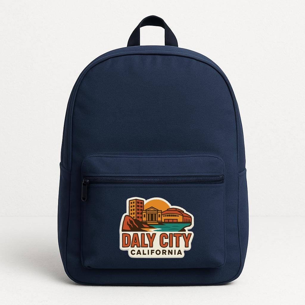 A navy blue backpack with a graphic of a city and the text "Daly City, California" printed on it.