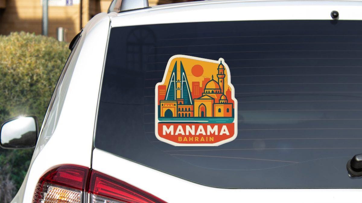 A sticker on the rear window of a car that features an illustration of a city skyline with a prominent dome and tower, along with the text "MANAMA BAHRAIN".
