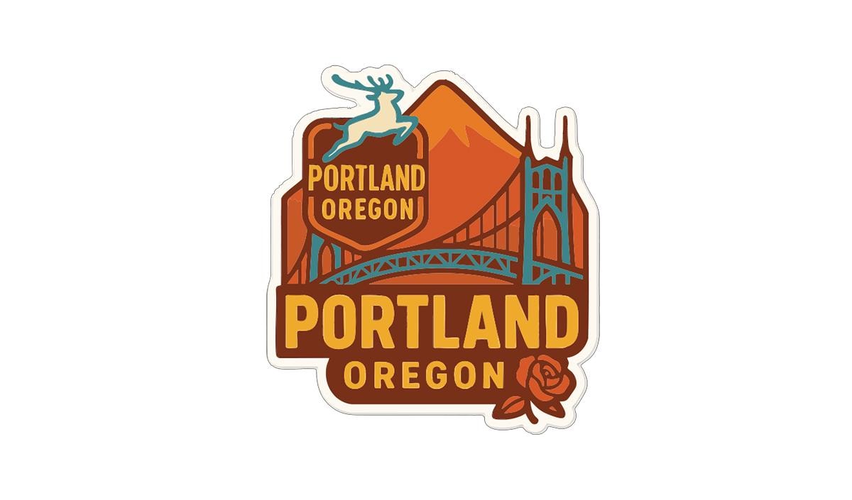 a sticker or emblem with the text "PORTLAND OREGON" and a graphic of the Portland Bridge.