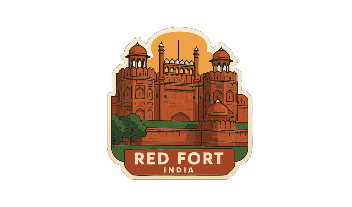 a stylized illustration of the Red Fort in India, with a prominent orange and red color scheme.