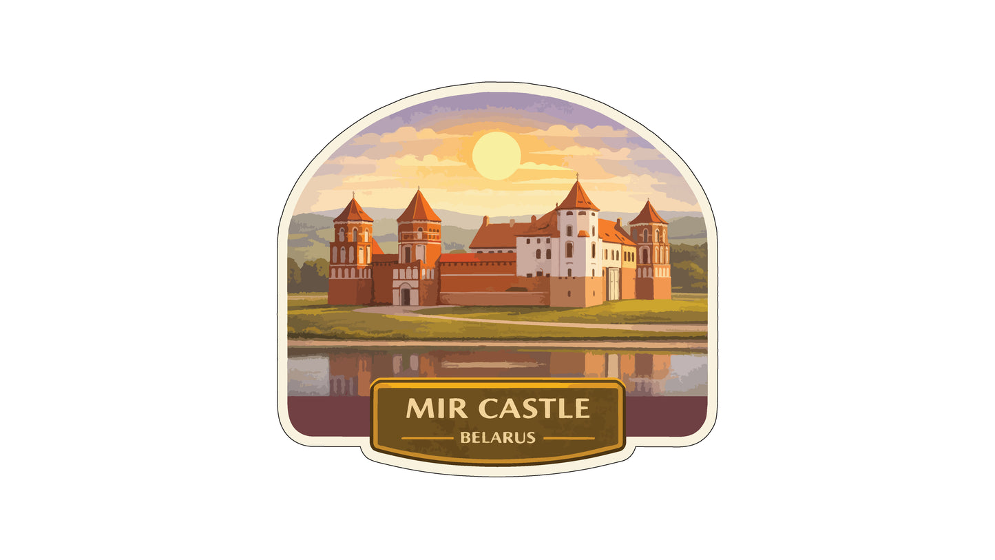 a castle with multiple towers, set against a backdrop of a sunset over a body of water. The castle is surrounded by a moat, and the sky is filled with clouds. The text "MIR CASTLE BELARUS" is prominently displayed, indicating the location of the castle.