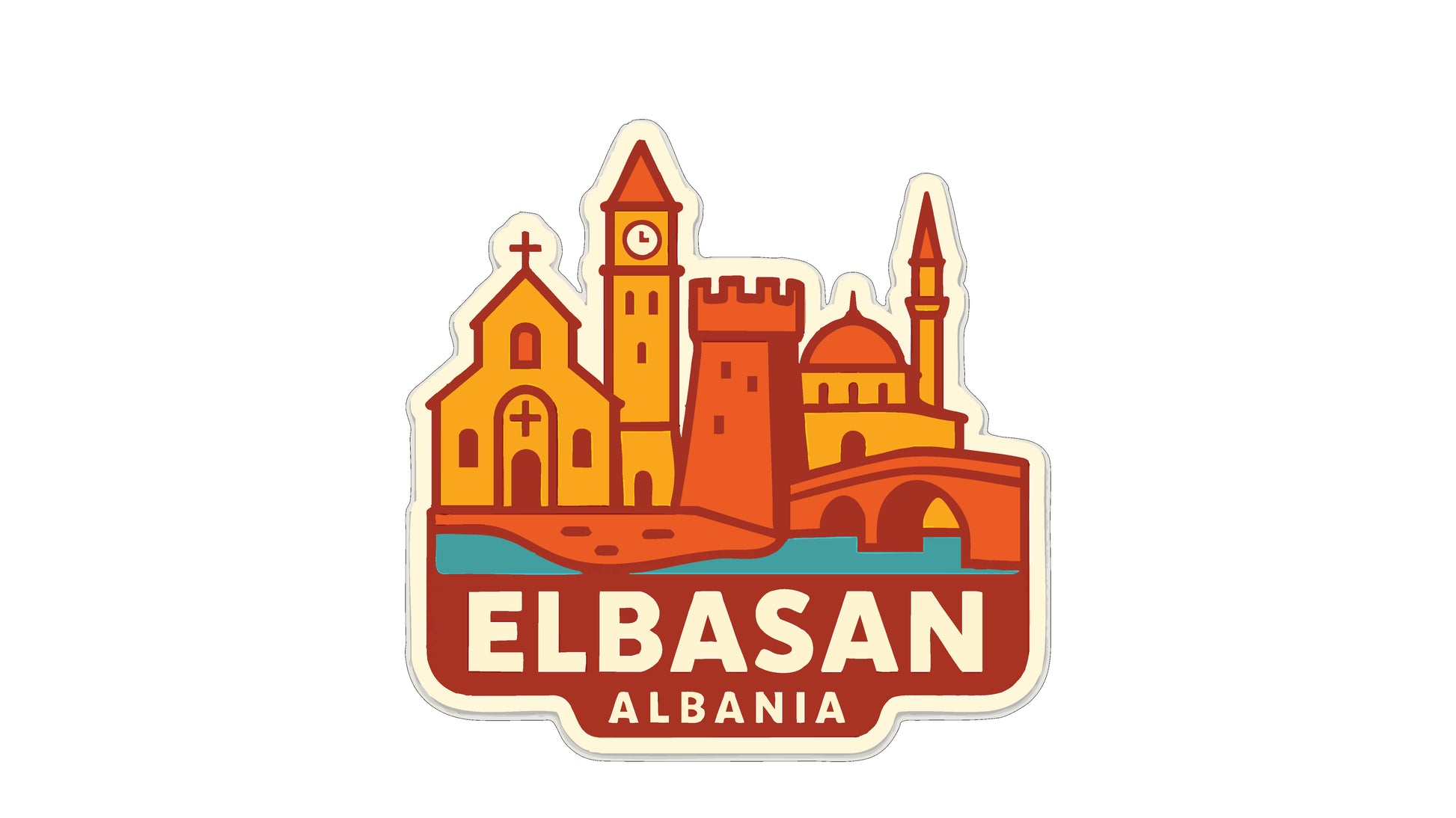 a sticker or emblem with the text "ELBASAN ALBANIA" prominently displayed.
