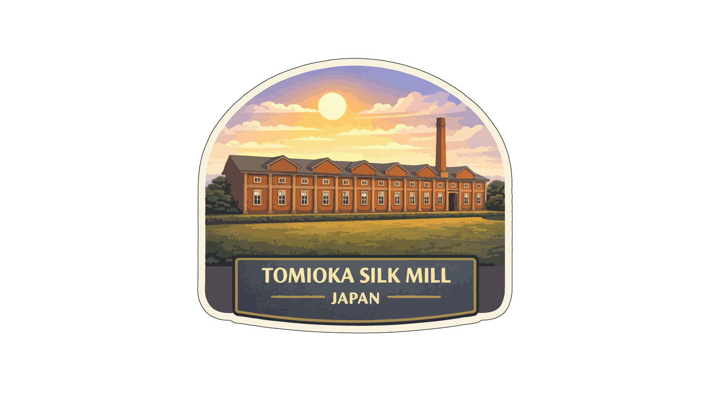 a large, multi-story building with a tower, set against a backdrop of a sunset sky with clouds. The building appears to be a factory or mill, and the text "TOMIoka SILK MILL JAPAN" is prominently displayed below the image.