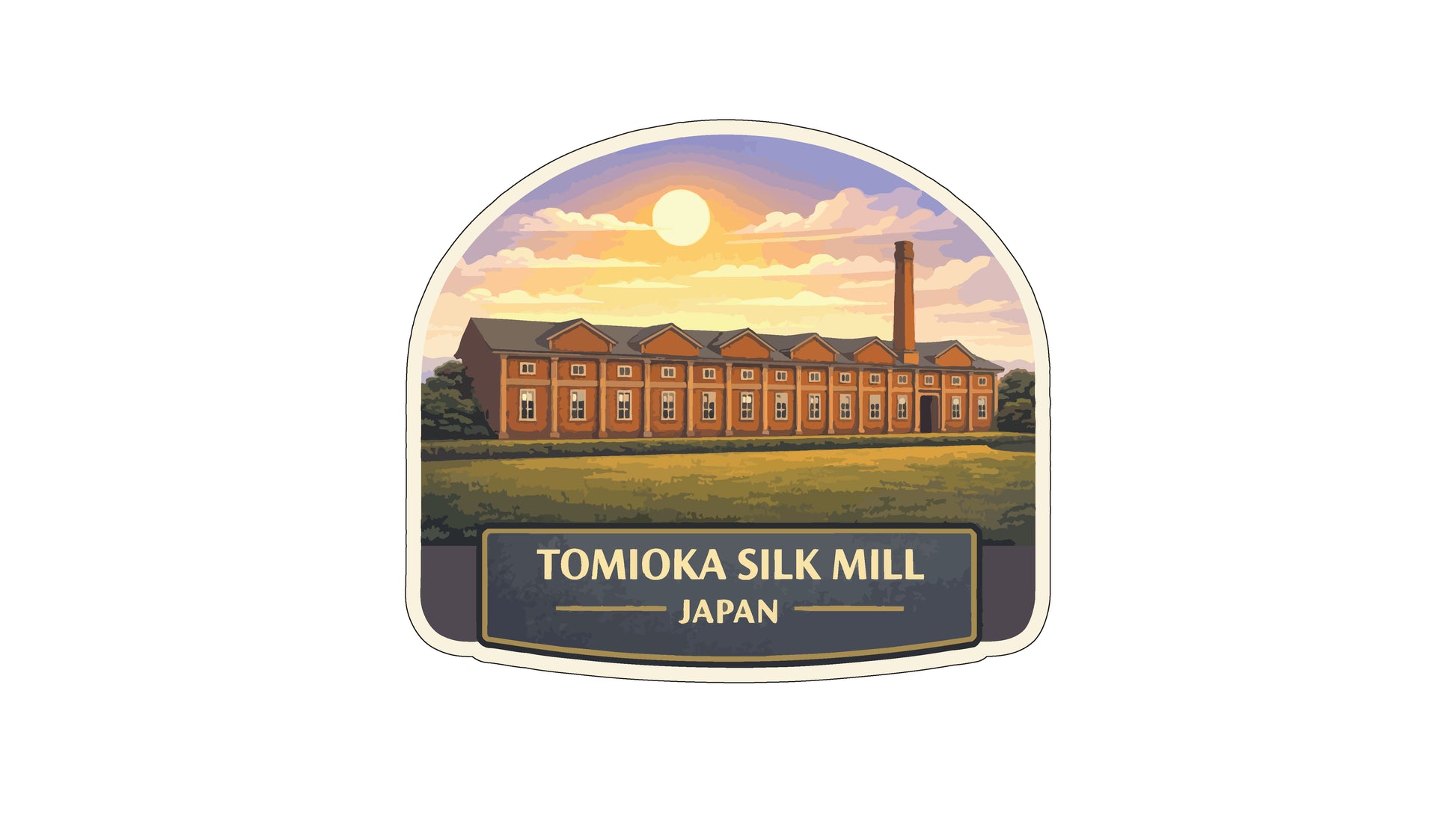 a large, multi-story building with a tower, set against a backdrop of a sunset sky with clouds. The building appears to be a factory or mill, and the text "TOMIoka SILK MILL JAPAN" is prominently displayed below the image.
