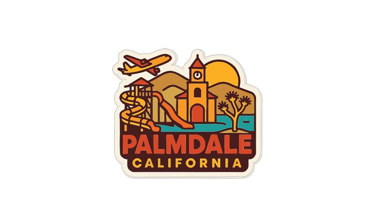 A sticker depicting a scenic view of Palmdale, California, with a clock tower, a building, a slide, and a plane in the sky.