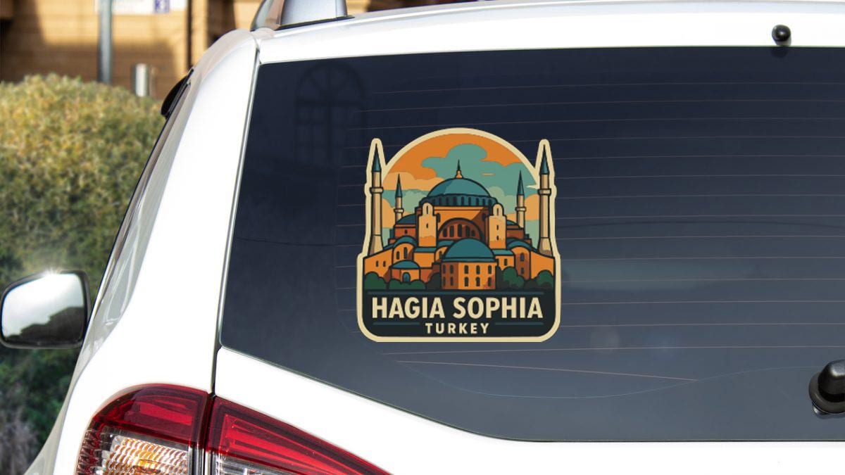 A sticker on the rear window of a car, depicting the Hagia Sophia, a famous landmark in Istanbul, Turkey.