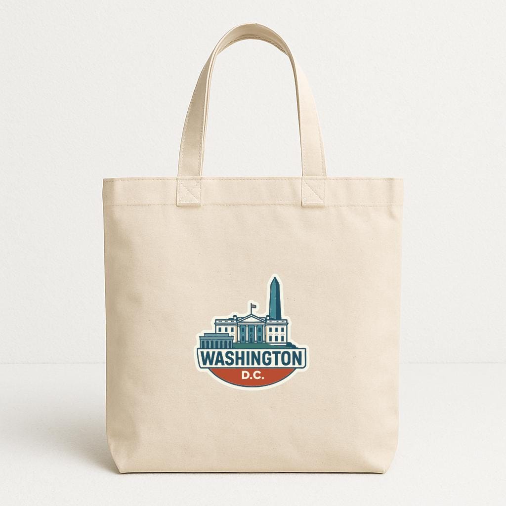 A beige tote bag with a graphic of Washington D.C. printed on it.