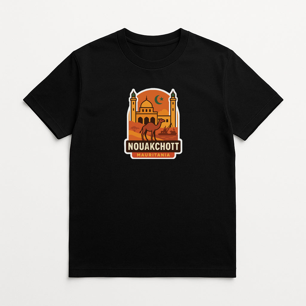 A black t-shirt with a graphic design depicting a camel and a building, along with the text "NOUAKCHOTT MAURITA".