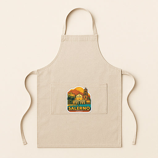 A beige apricot with a graphic of a building and the text "SALERNO" printed on it.