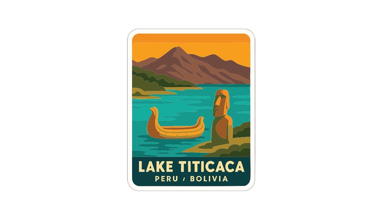 A sticker depicting Lake Titicaca in Peru, with a boat and a statue of an Easter Island figure in the foreground.