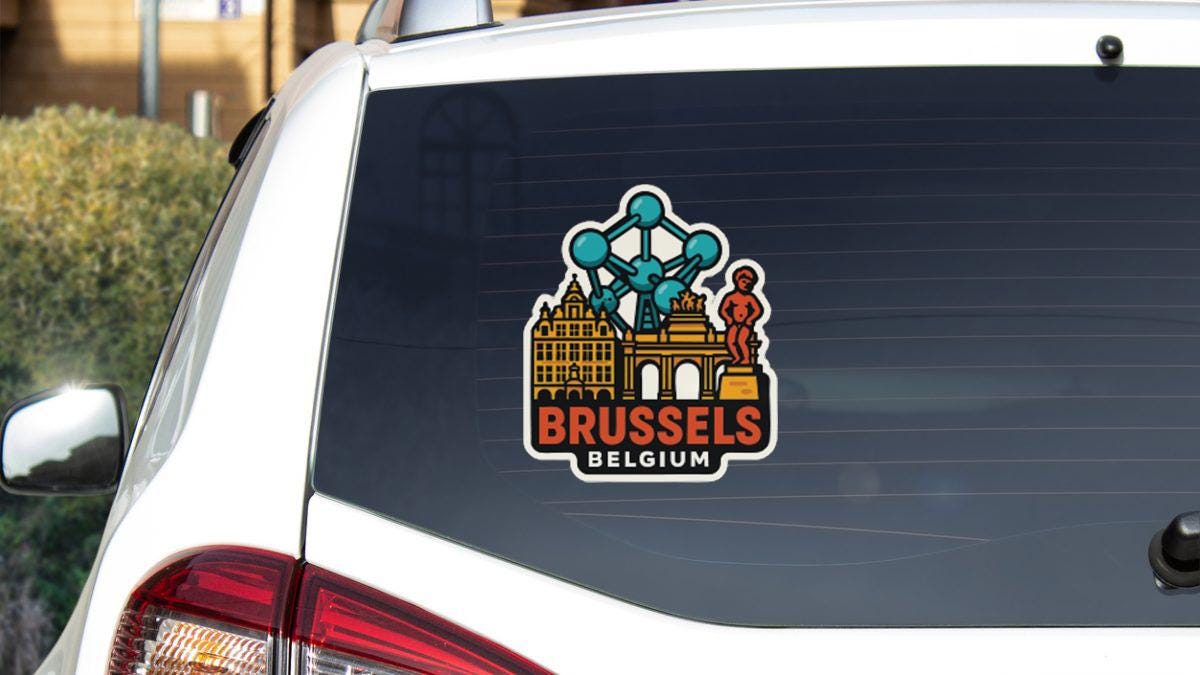 a sticker on the rear window of a car that displays the city of Brussels, Belgium.