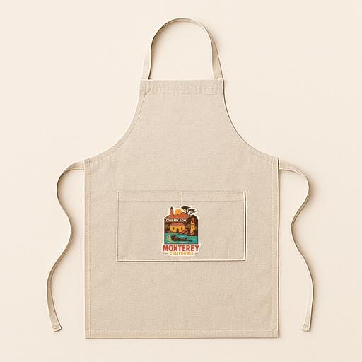 A beige apricot with a graphic of a lighthouse and the text "MONTEREY" printed on it.
