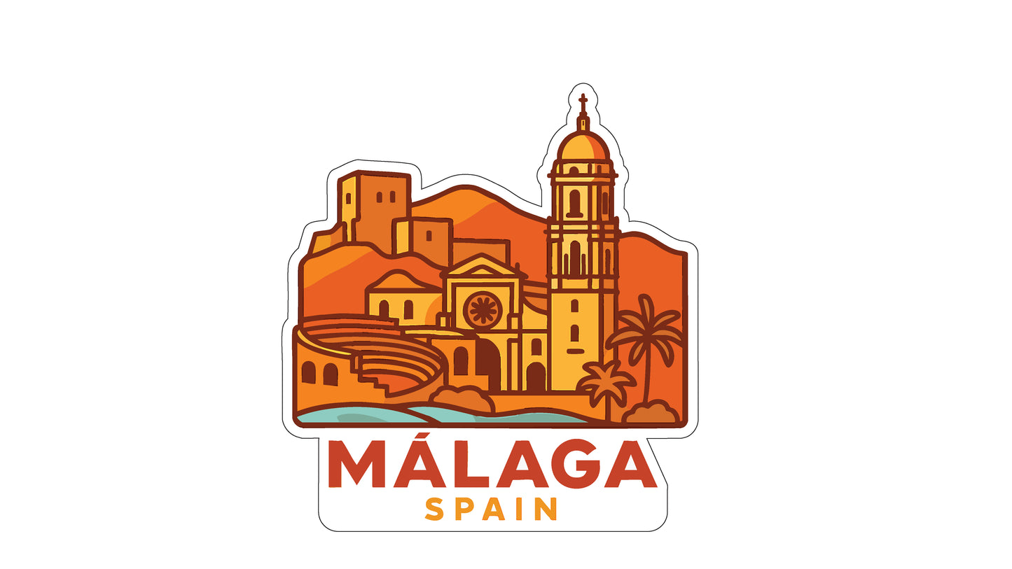 a stylized illustration of the city of Malaga, Spain, with various landmarks and architectural elements depicted in a vibrant orange and yellow color scheme.