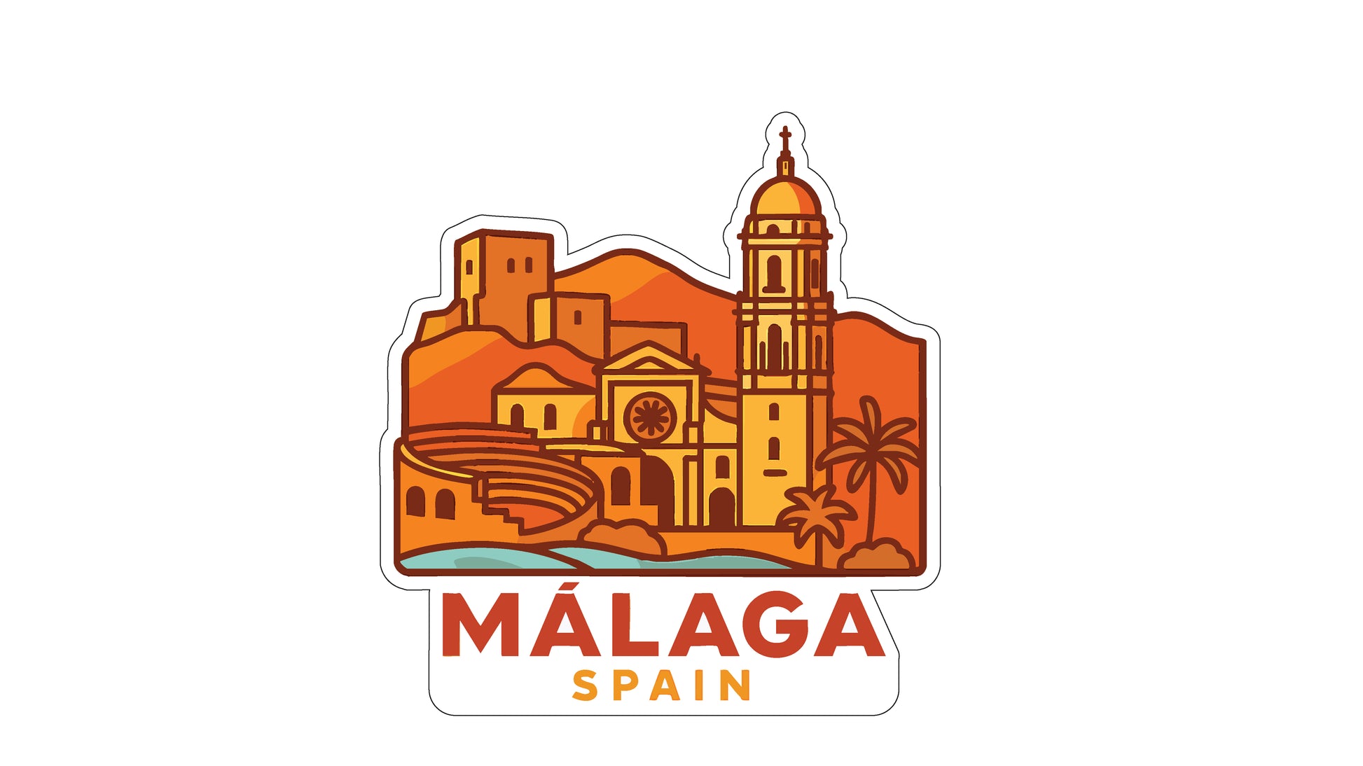 a stylized illustration of the city of Malaga, Spain, with various landmarks and architectural elements depicted in a vibrant orange and yellow color scheme.