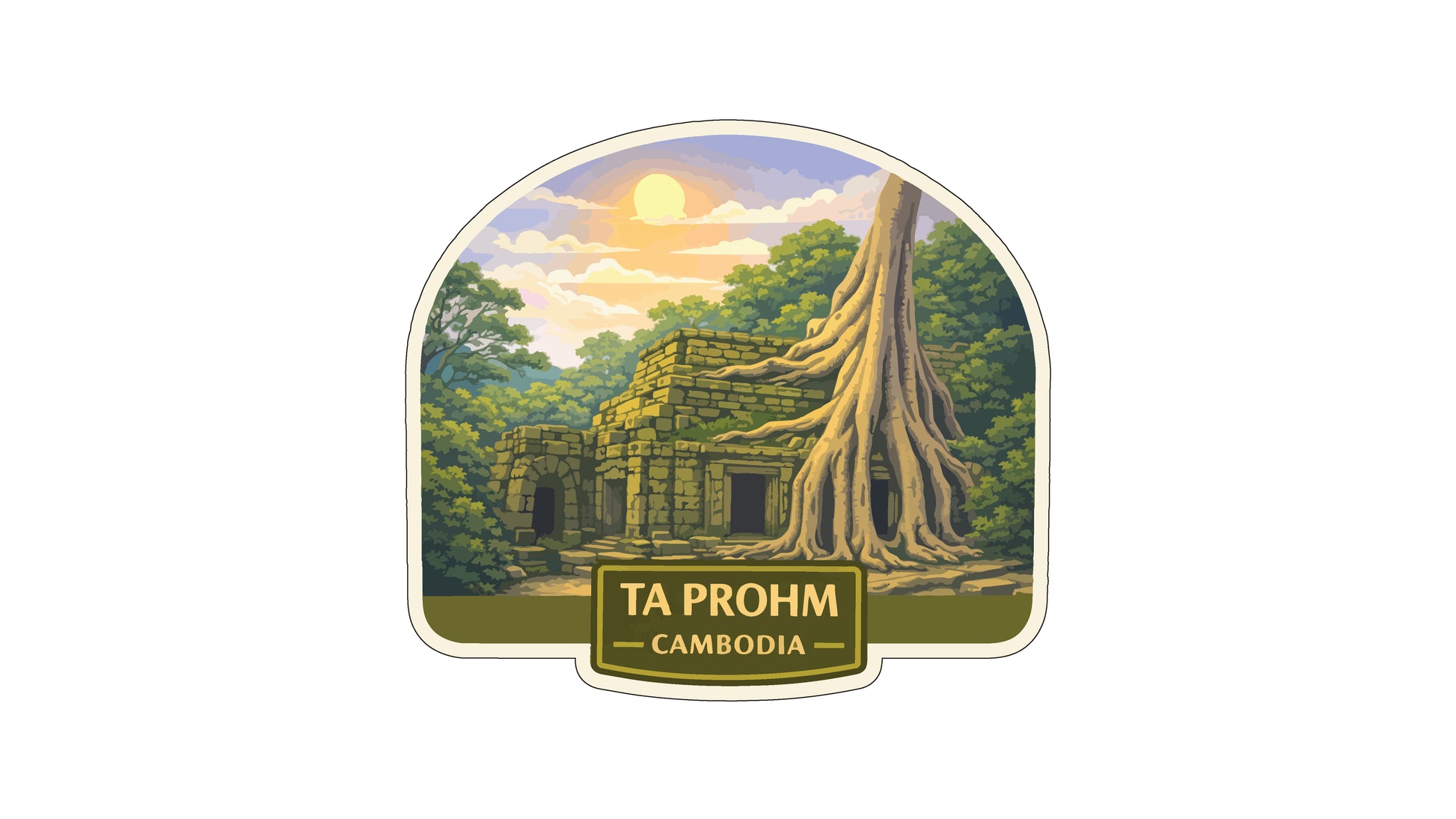 a temple surrounded by trees and a large tree trunk with roots extending outwards, set against a backdrop of a sunset sky.
