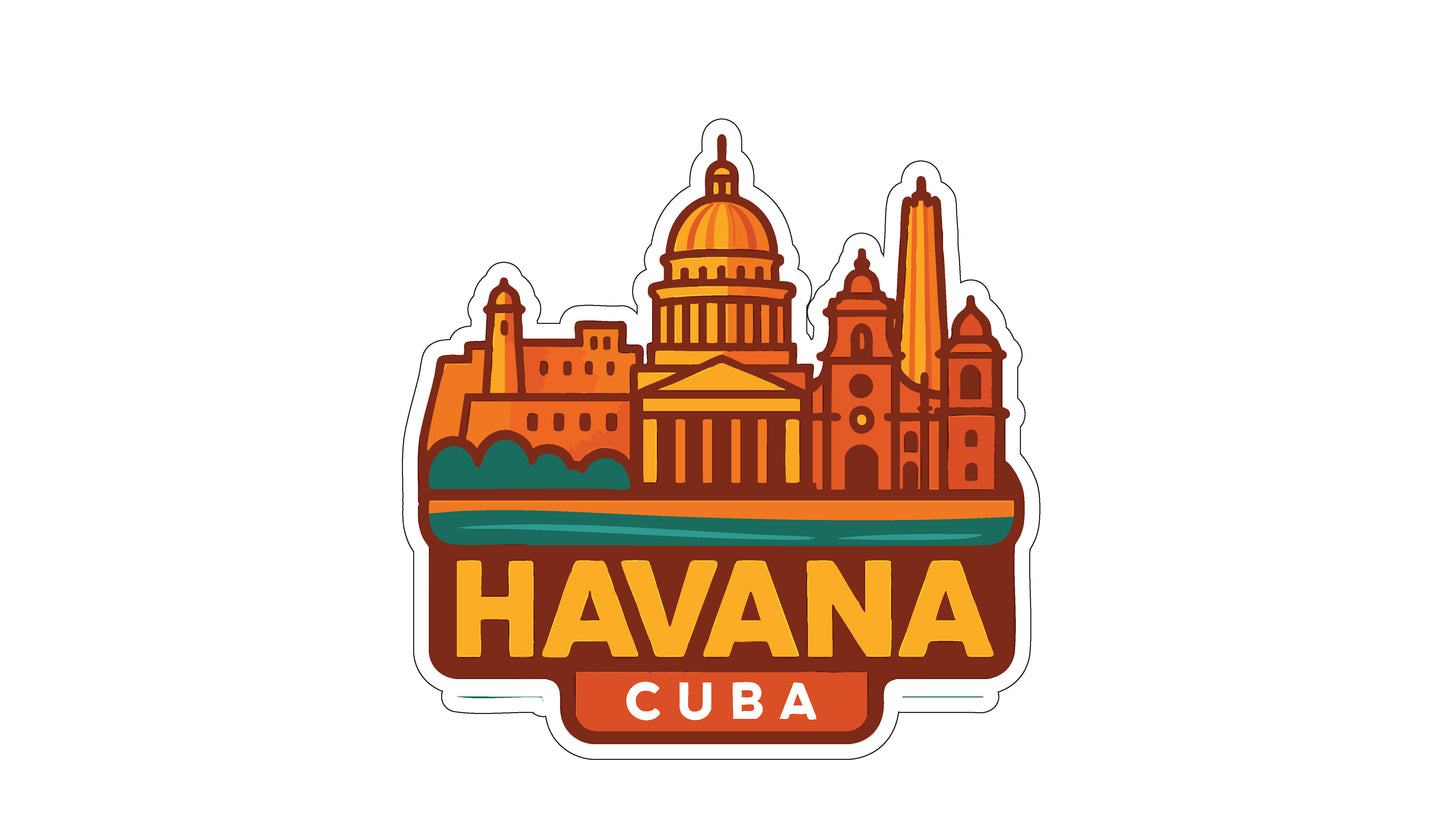 a stylized illustration of the Havana, Cuba skyline, with the city's iconic landmarks and architecture depicted in a vibrant, colorful design.