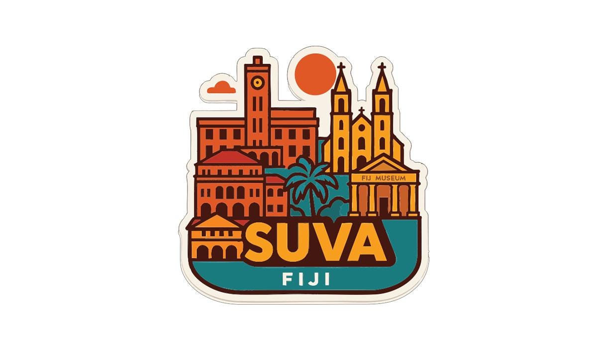 a sticker or emblem with a stylized illustration of a city skyline, including various buildings and landmarks, along with the text "SUVA Fiji".