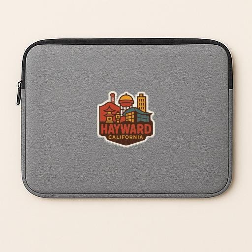 A gray laptop sleeve with a logo of the city of Hayward, California.