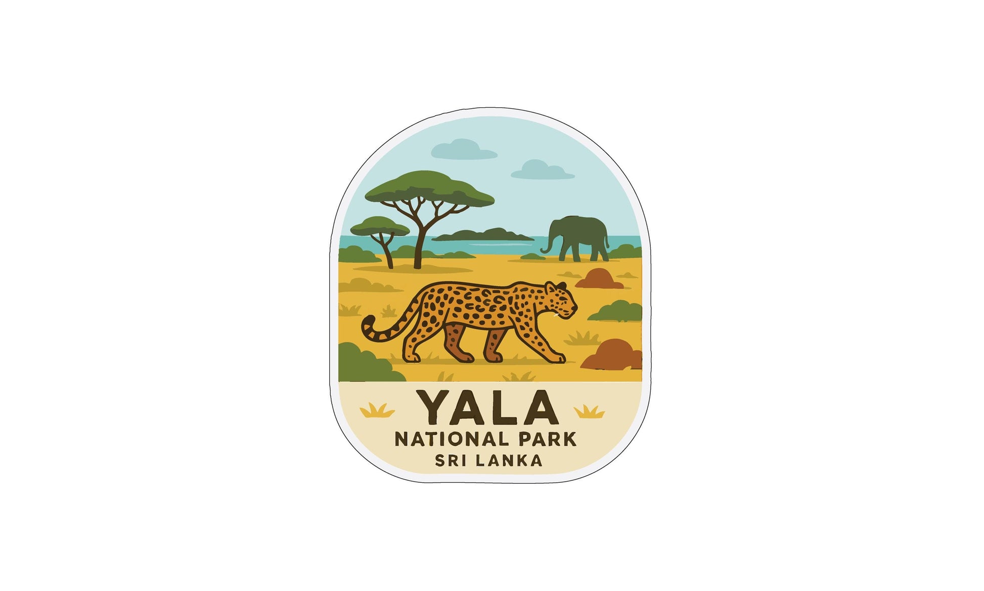 a stylized illustration of a leopard walking through a savanna landscape, with a tree and an elephant in the background.