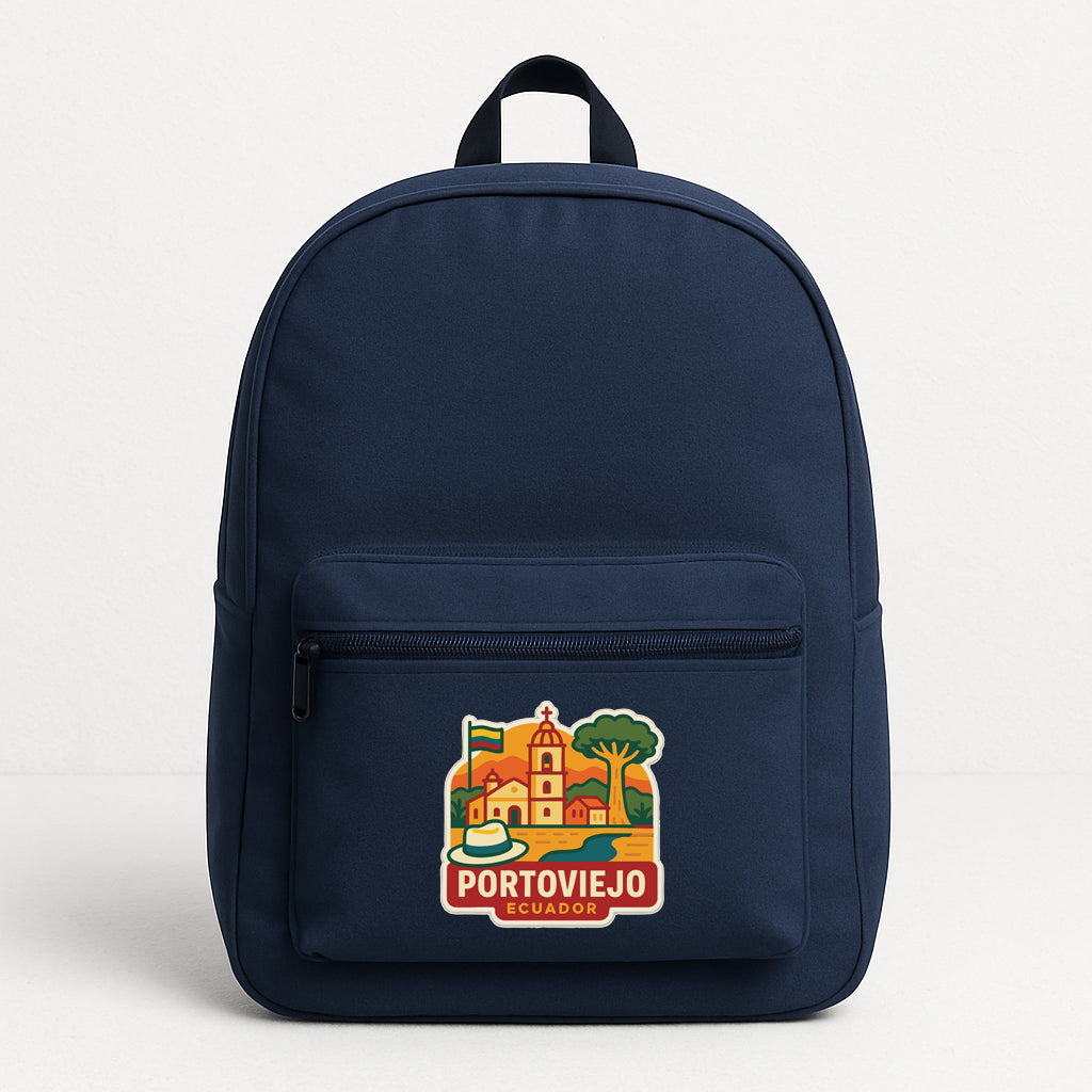 A navy blue backpack with a colorful graphic on the front, depicting a cityscape with a church and palm trees.