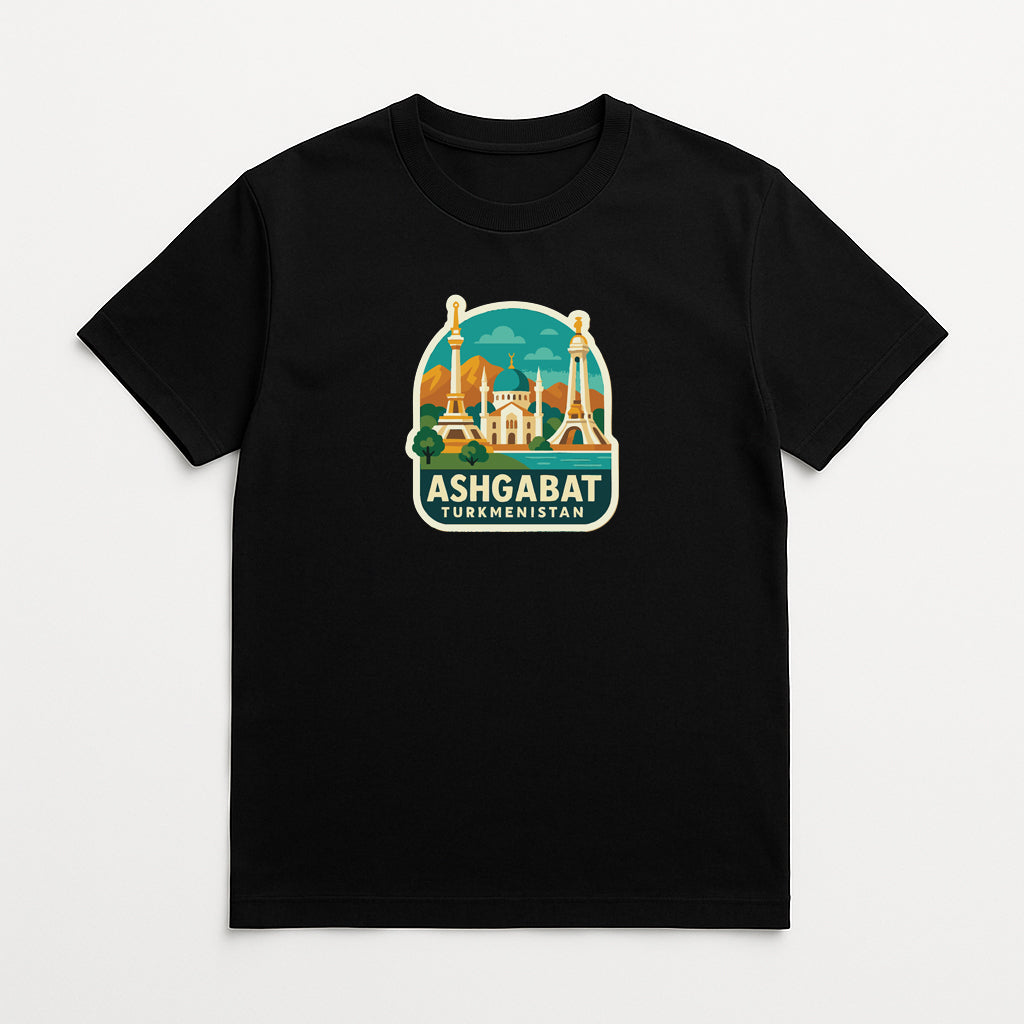 A black t-shirt with a graphic design depicting the city of Ashgabat, Uzbekistan.