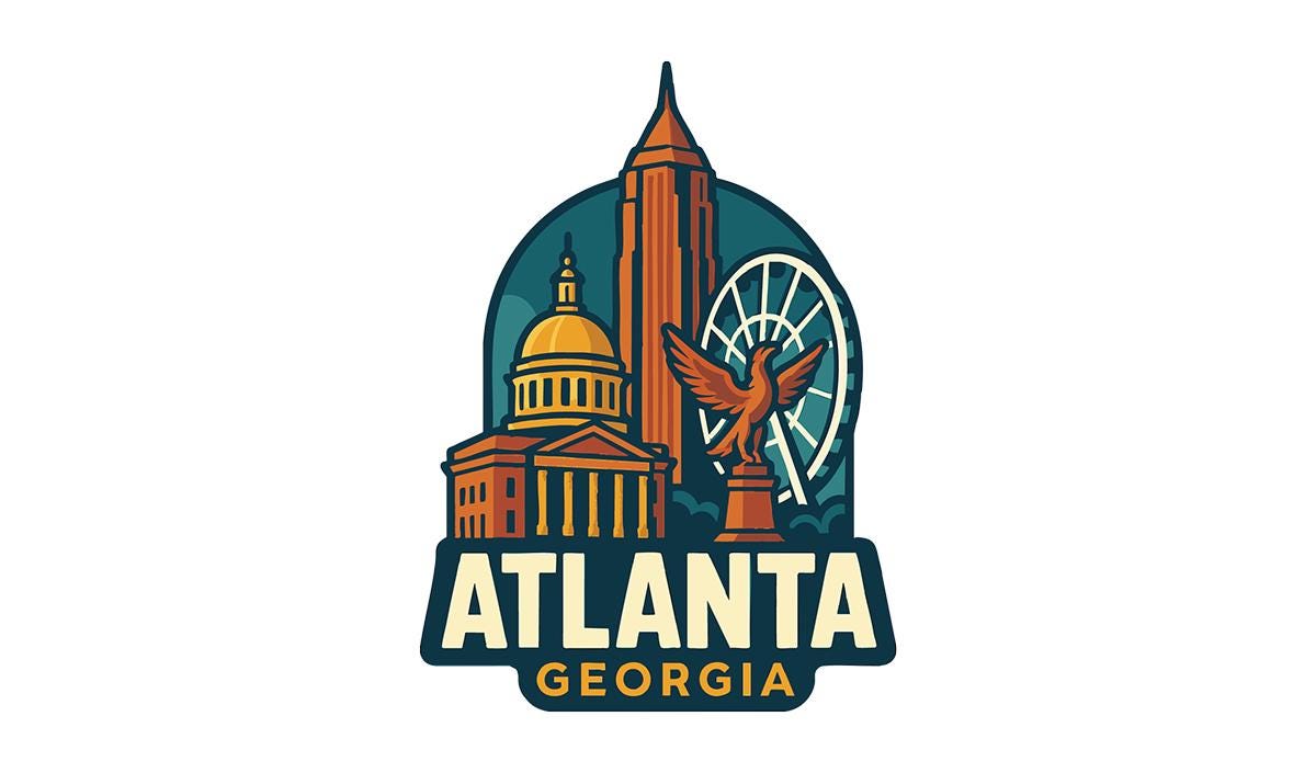 the atlanta logo with a clock tower in the background