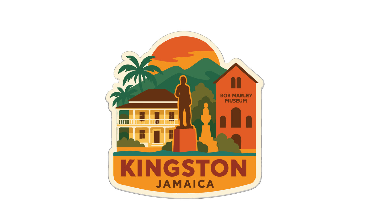 A sticker or emblem featuring a statue, buildings, and a sunset, with the text "KINGSTON JAMAICA" prominently displayed.