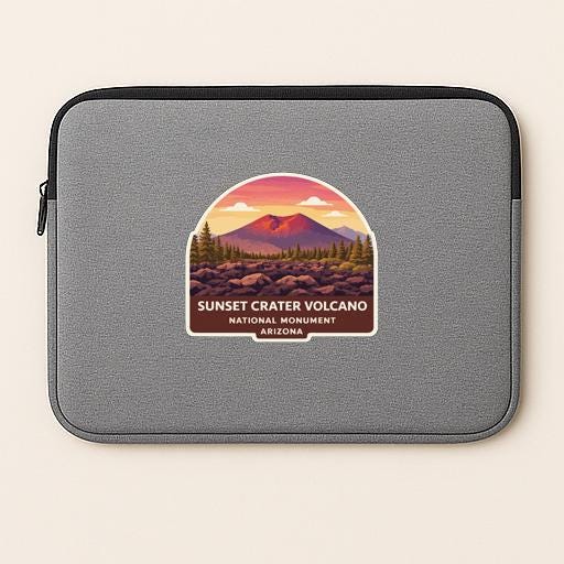 A gray laptop sleeve with a sticker that says "SUNSET CRATER VOLCANO NATIONAL MONUMENT ARIZONA" on it.