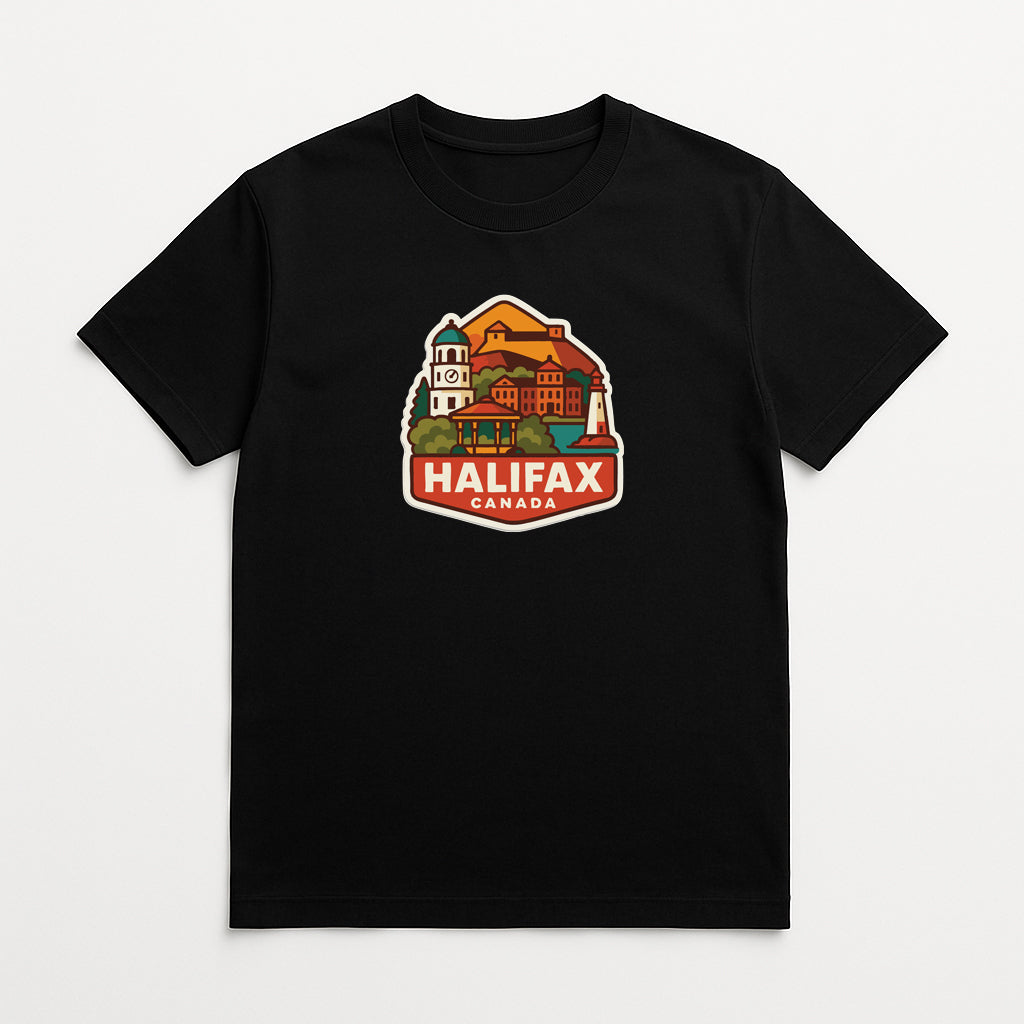 A black t-shirt with a graphic design depicting a cityscape and the text "HALIFAX CANADA" printed on it.