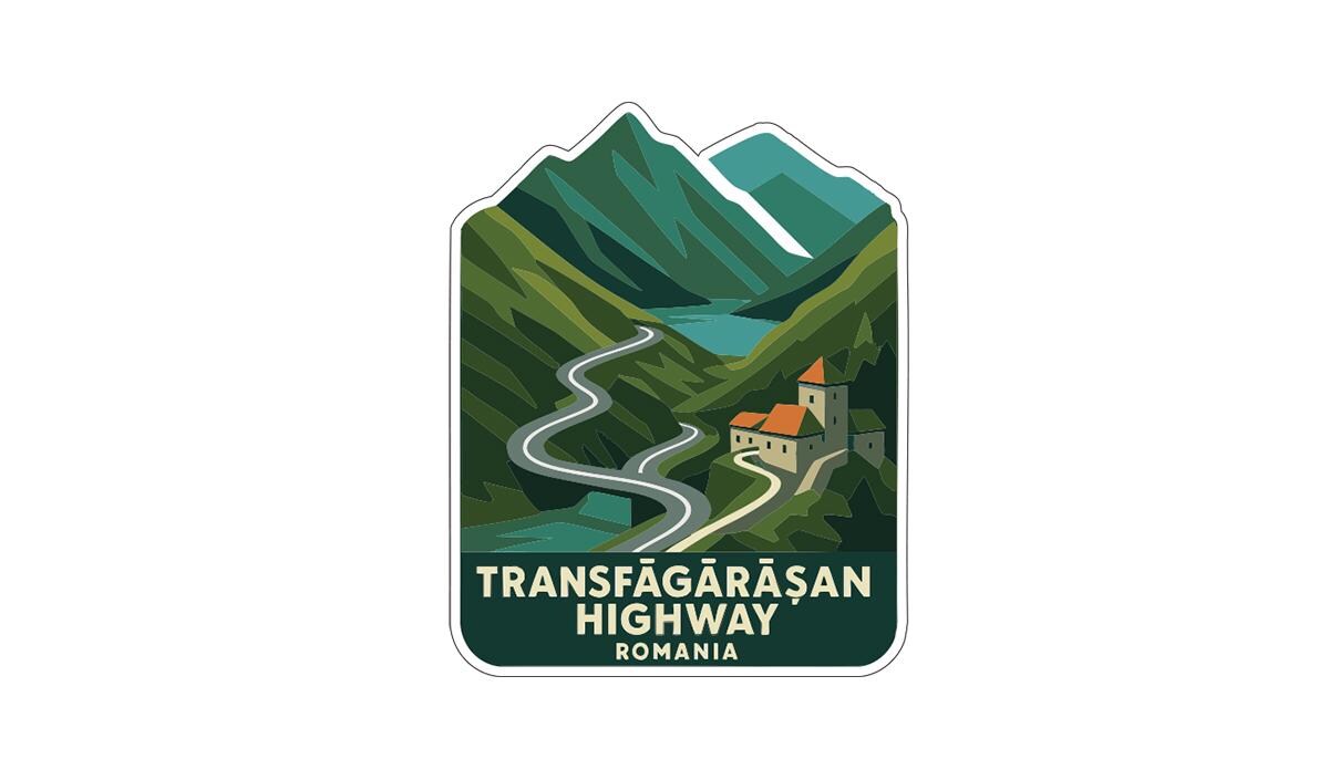 a sticker or logo depicting a winding road leading through a mountainous landscape with a castle in the distance.