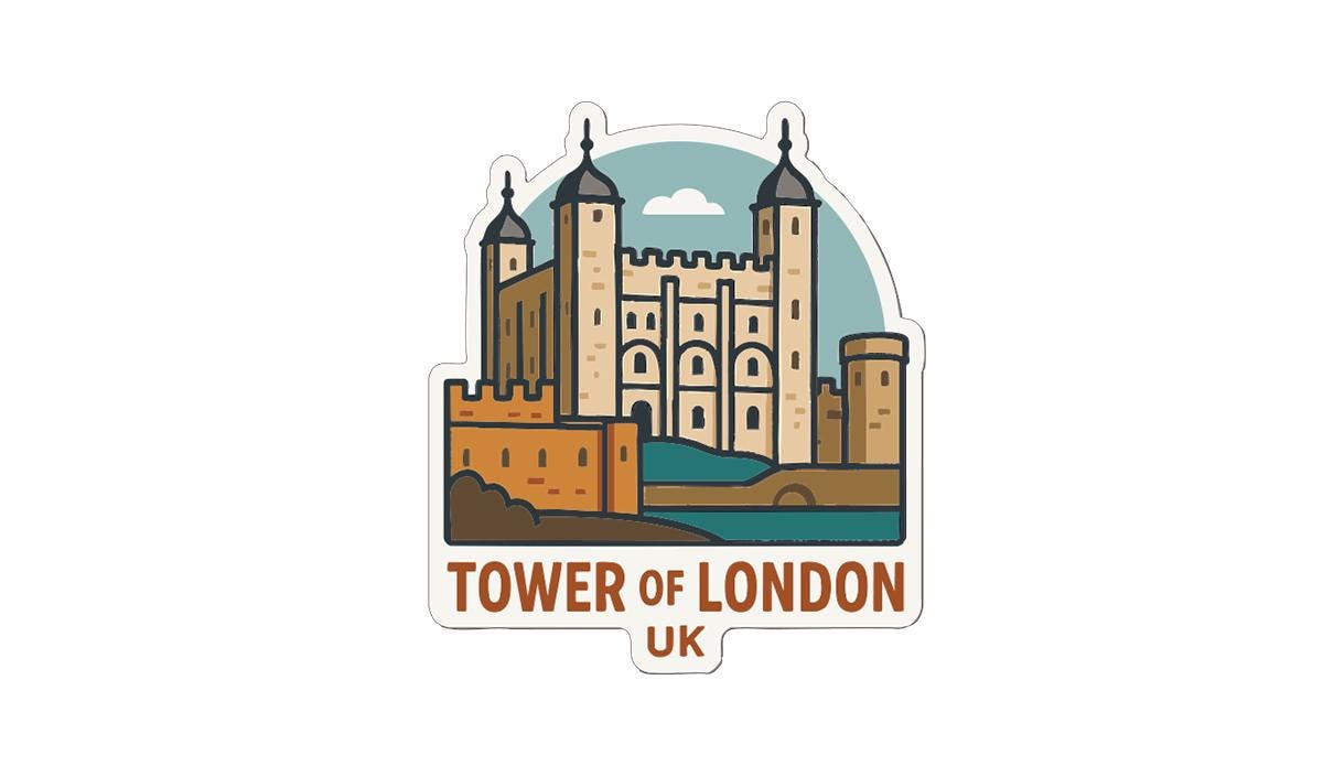 A sticker depicting the Tower of London, a famous landmark in London, UK.