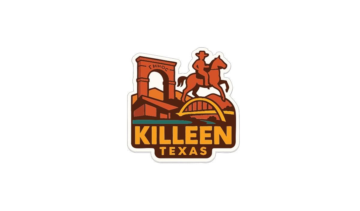 A sticker or logo featuring a cowboy on horseback, with a bridge and buildings in the background, representing the city of Killeen, Texas.