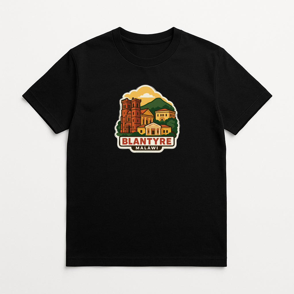 A black t-shirt with a graphic design depicting a building and a mountain landscape, along with the text "BLANTYRE MALAWI".
