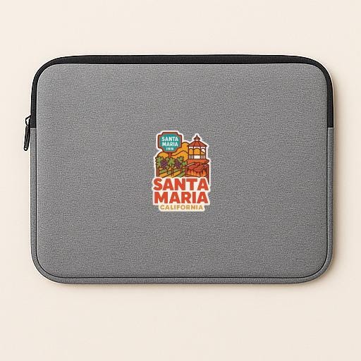 A gray laptop sleeve with a colorful graphic of Santa Maria, California, printed on it.