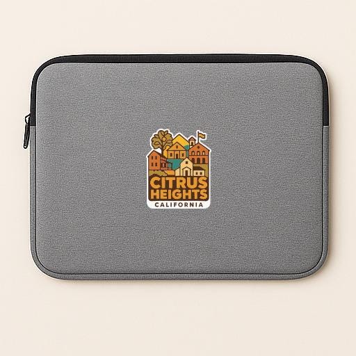 A gray laptop sleeve with a logo for Citrus Heights, California.