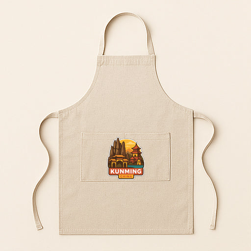 A beige apricot with a graphic of a building and the word "KUNMING" printed on it.