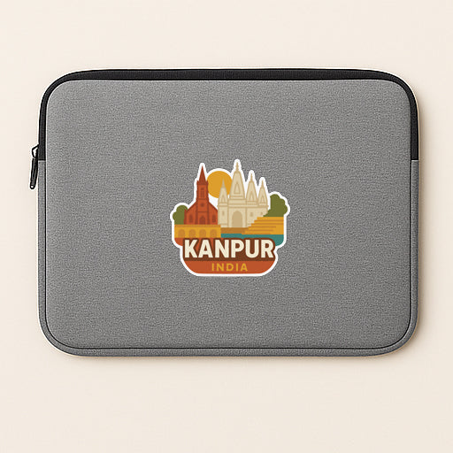 A gray laptop sleeve with a sticker depicting the skyline of Kanpur, India.