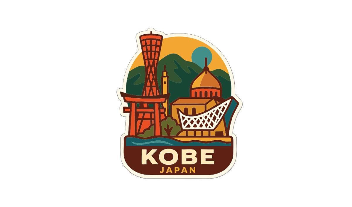 A sticker depicting the K Buddha Temple in Kyoto, Japan, with a mountain backdrop and a colorful illustration of the temple and surrounding landscape.