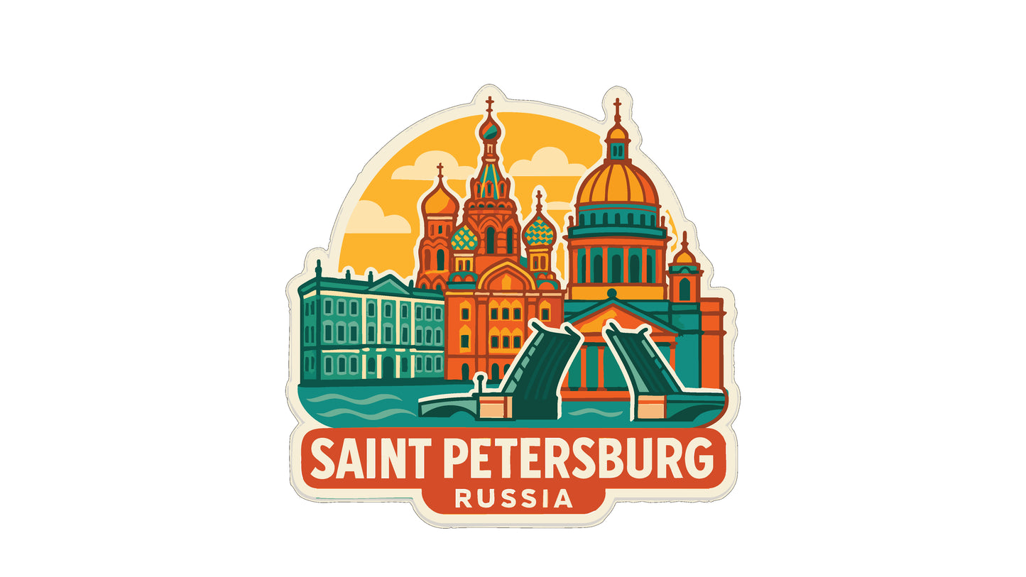 A sticker depicting the iconic St. Petersburg Cathedral and its surrounding buildings, with the text "SAINT PETERSBURG RUSSIA" prominently displayed.