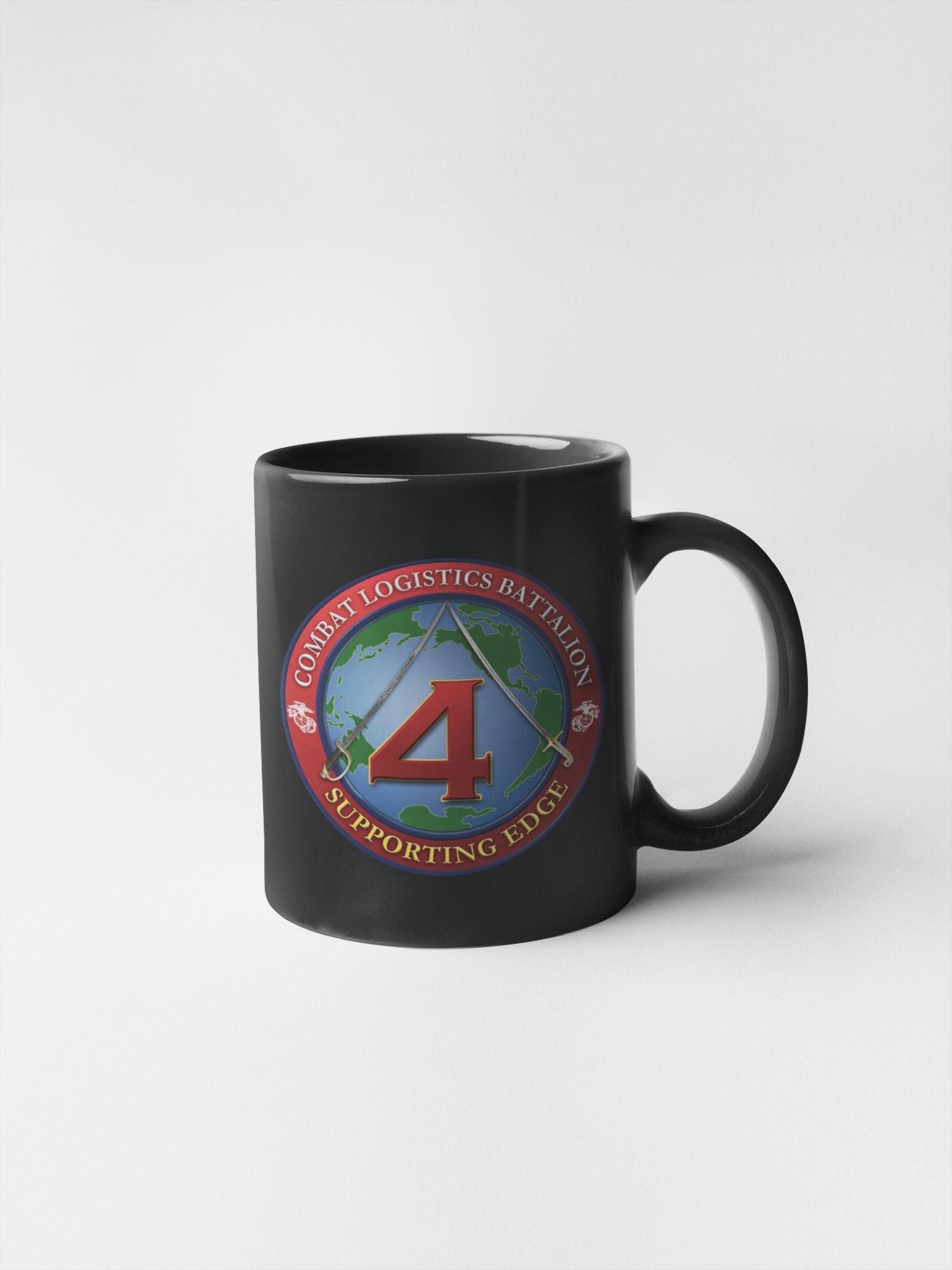 a black coffee mug with a 4 on it