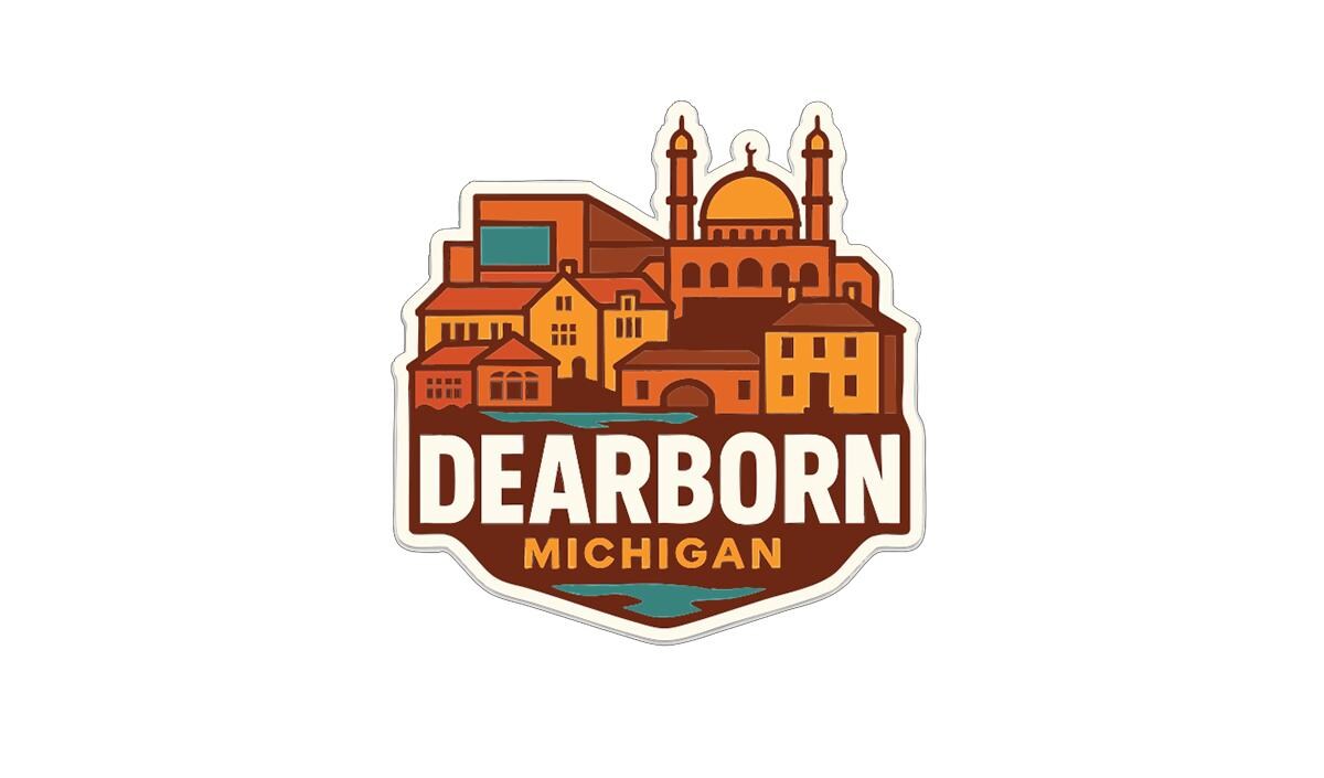 A sticker or emblem featuring the city of Dearborn, Michigan, with a stylized illustration of the city's buildings and landmarks.