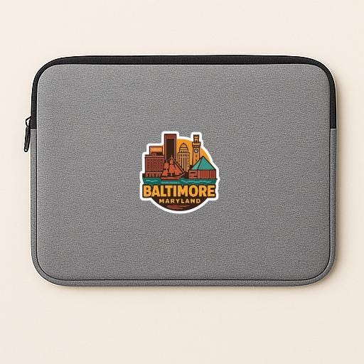 A gray laptop sleeve with a graphic of the Baltimore skyline and the text "BALTIMORE MARYLANDS" printed on it.