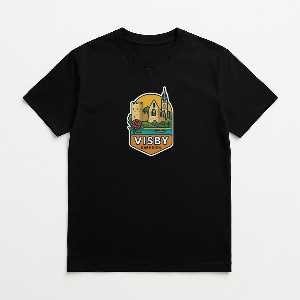 A black t-shirt with a graphic design depicting a cityscape and the text "VISBY SWEDEN" printed on it.