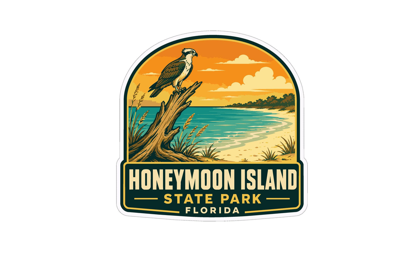A sticker depicting a bird perched on a tree branch overlooking a beach and ocean, with the text "HONEYMOON ISLAND STATE PARK FLORIDA" below.