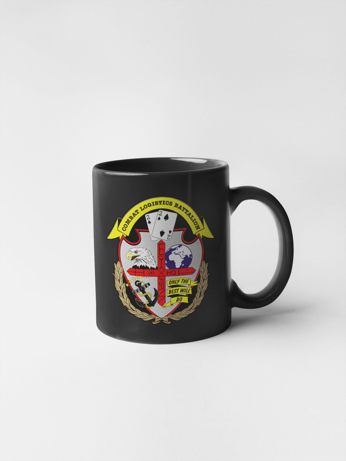 a black coffee mug with a coat of arms on it