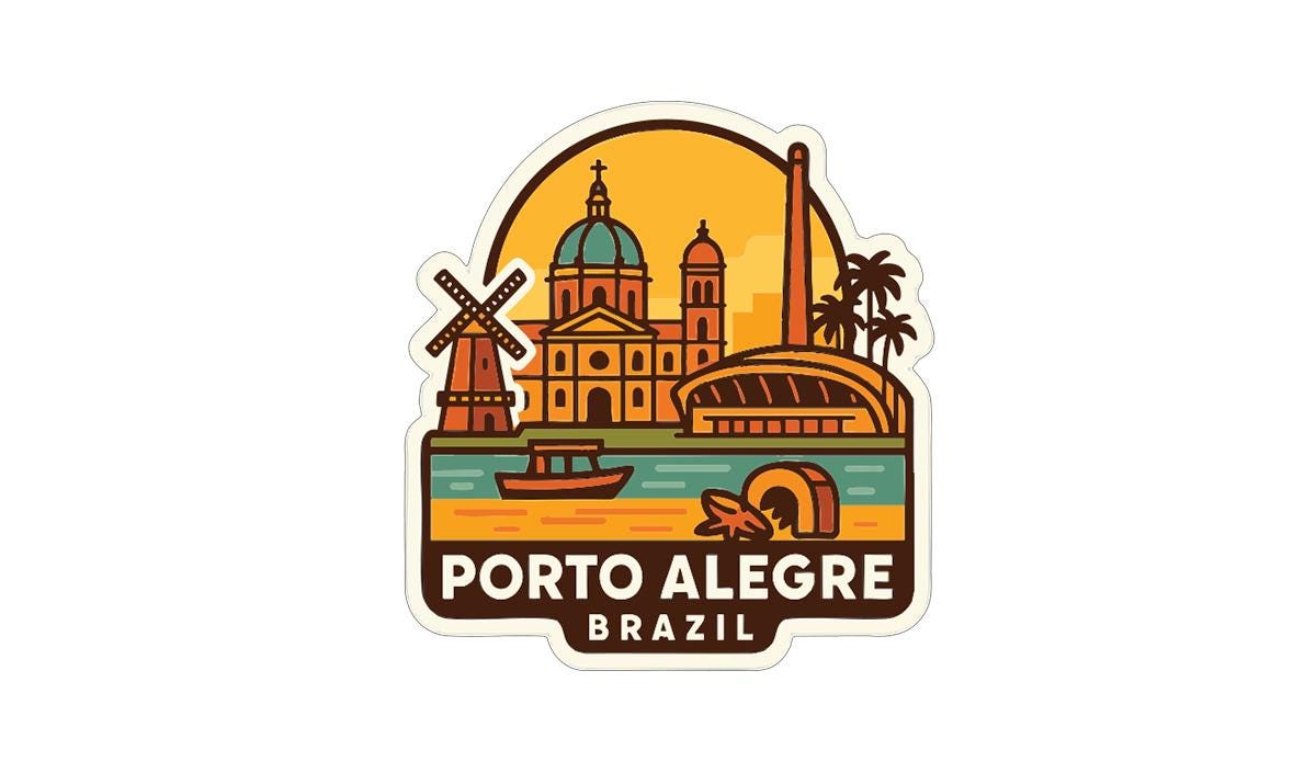 a sticker or illustration of the city of Porto Alegre, Brazil, showcasing various landmarks and elements of the cityscape.